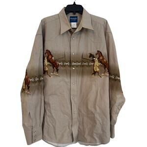 Vintage Wrangler Men's Western Horses Snap Button Down Long Sleeve Shirt Size XL